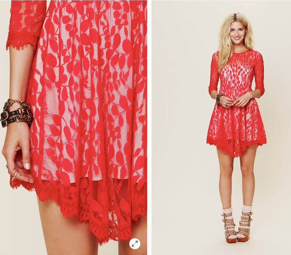 Free People Hot Red Floral Mesh Lace Dress XS Extra Small